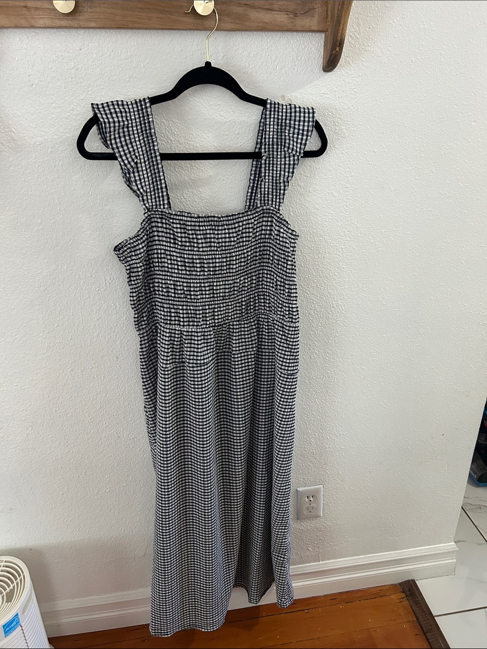 Navy and White Gingham Smocked Strap Midi Dress